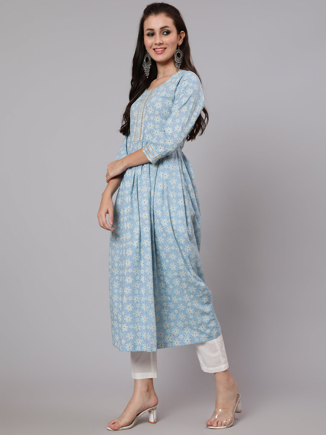Cotton Calf Length Flared 3/4 Sleeve Round Neck Printed Kurta