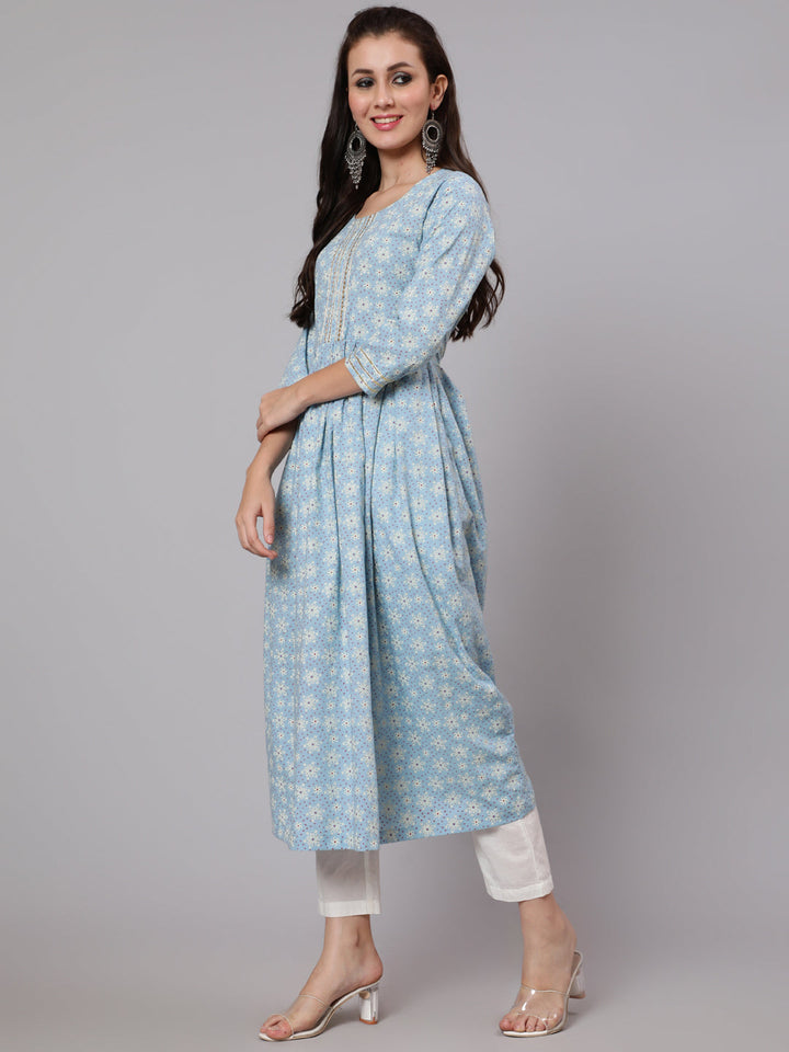 Cotton Calf Length Flared 3/4 Sleeve Round Neck Printed Kurta