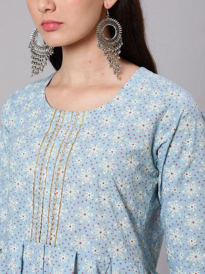 Cotton Calf Length Flared 3/4 Sleeve Round Neck Printed Kurta