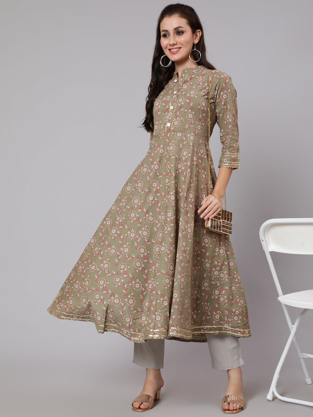 Cotton Calf Length Flared 3/4 Sleeve Mandarin Neck Printed Kurta