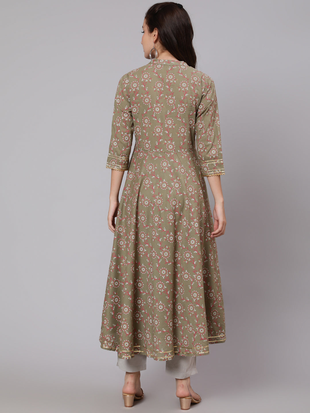 Cotton Calf Length Flared 3/4 Sleeve Mandarin Neck Printed Kurta