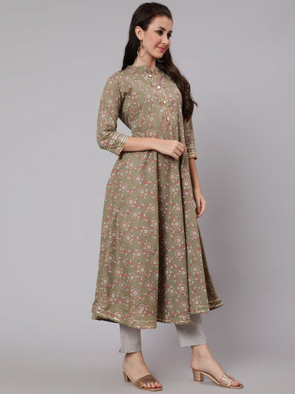 Cotton Calf Length Flared 3/4 Sleeve Mandarin Neck Printed Kurta