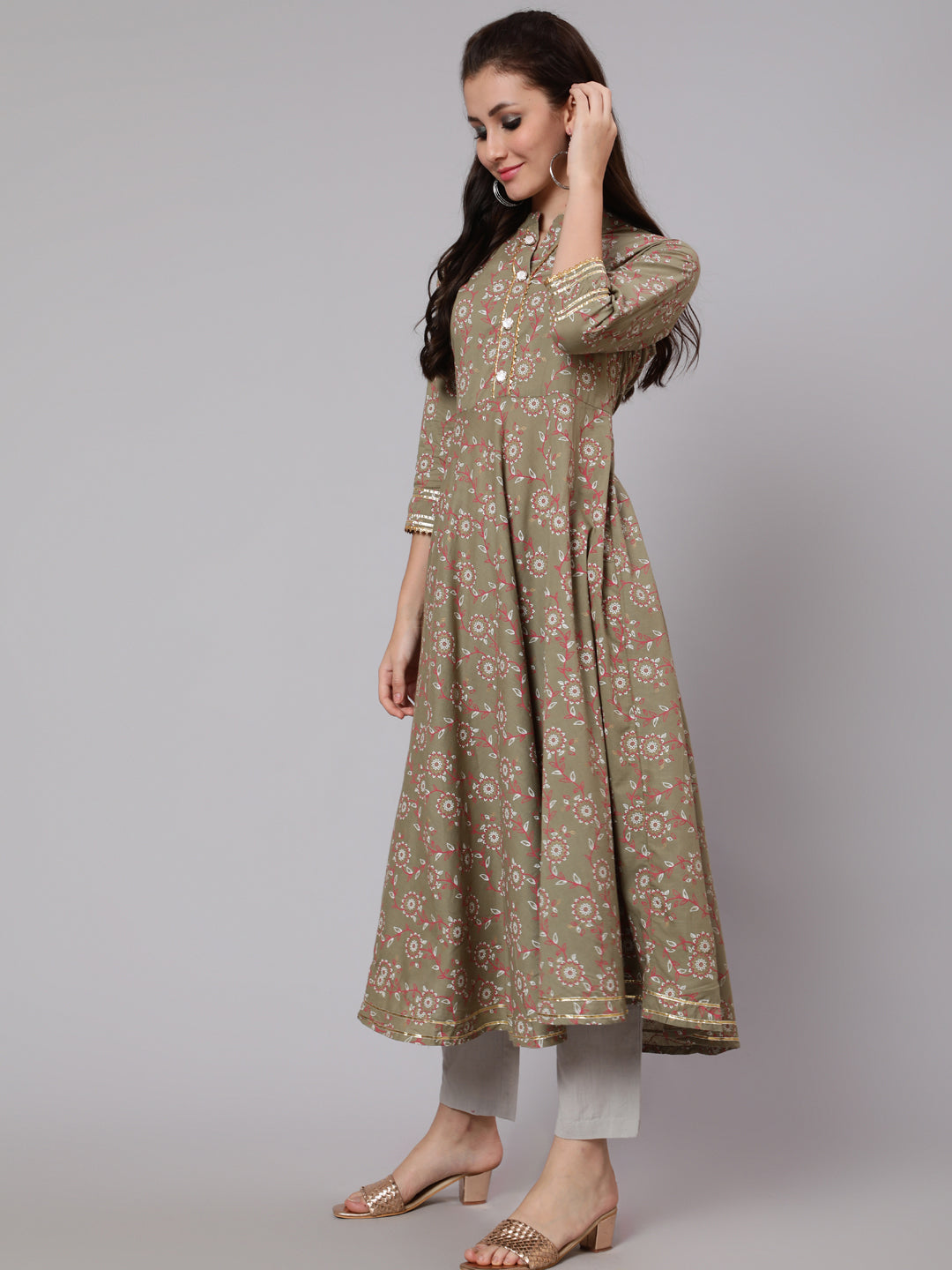 Cotton Calf Length Flared 3/4 Sleeve Mandarin Neck Printed Kurta