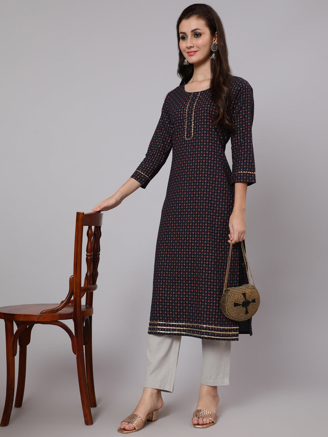 Cotton Calf Length Straight 3/4 Sleeve Round Neck Printed Kurta