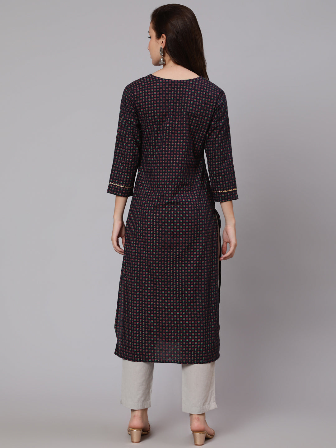 Cotton Calf Length Straight 3/4 Sleeve Round Neck Printed Kurta