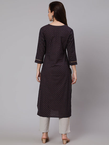 Cotton Calf Length Straight 3/4 Sleeve Round Neck Printed Kurta