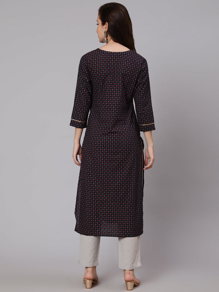 Cotton Calf Length Straight 3/4 Sleeve Round Neck Printed Kurta