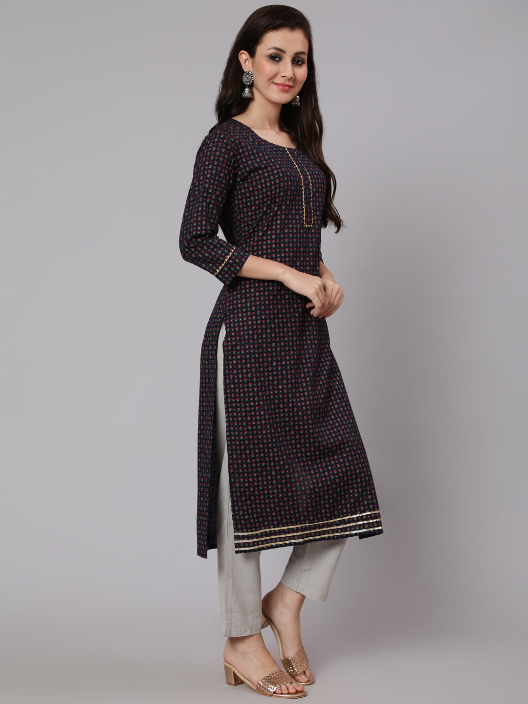 Cotton Calf Length Straight 3/4 Sleeve Round Neck Printed Kurta