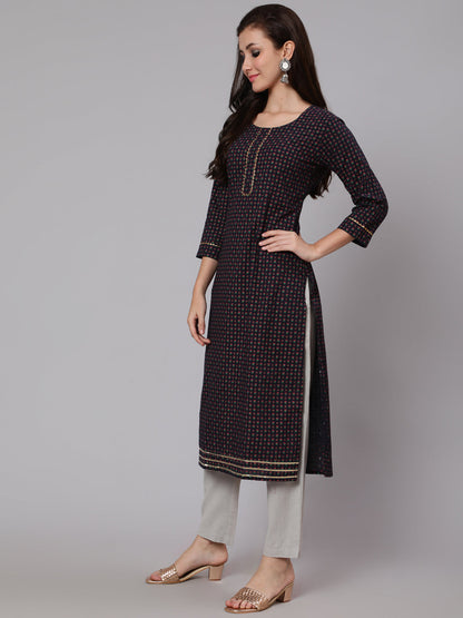 Cotton Calf Length Straight 3/4 Sleeve Round Neck Printed Kurta