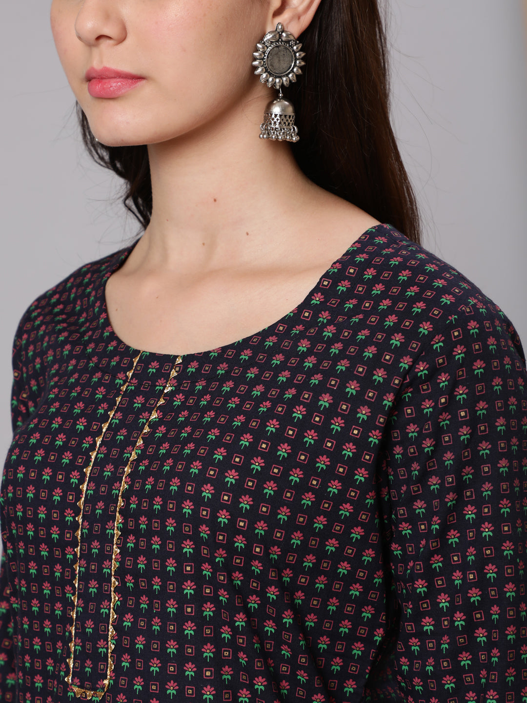 Cotton Calf Length Straight 3/4 Sleeve Round Neck Printed Kurta