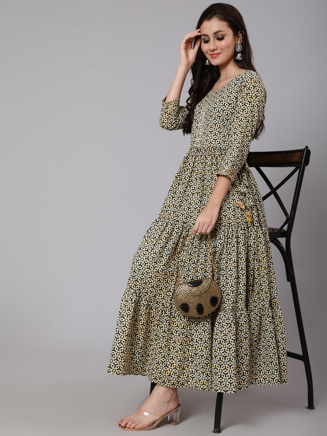 Cotton Calf Length Flared 3/4 Sleeve Round Neck Printed Kurta