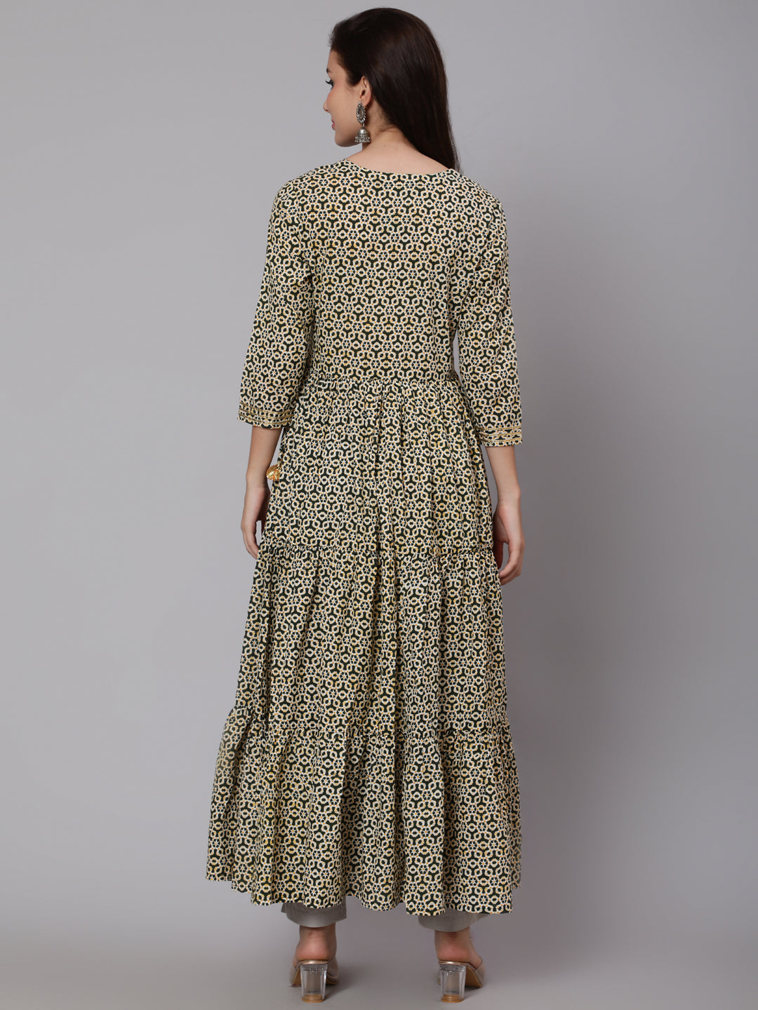 Cotton Calf Length Flared 3/4 Sleeve Round Neck Printed Kurta