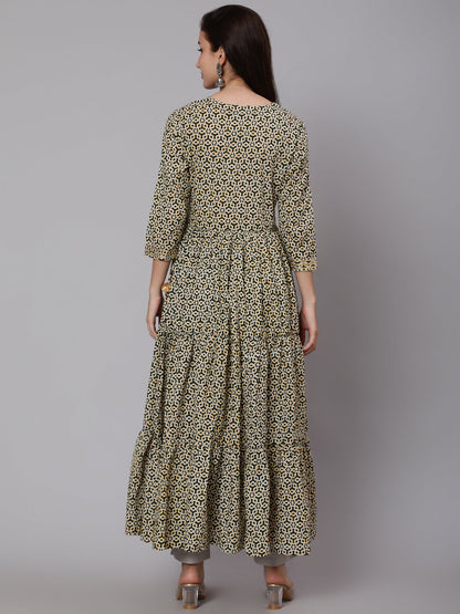 Cotton Calf Length Flared 3/4 Sleeve Round Neck Printed Kurta