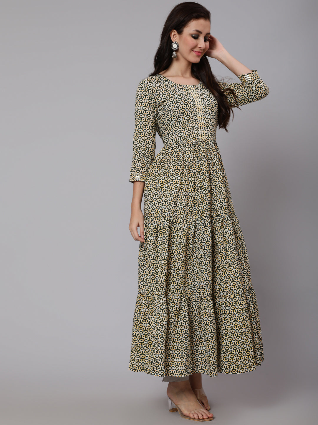 Cotton Calf Length Flared 3/4 Sleeve Round Neck Printed Kurta