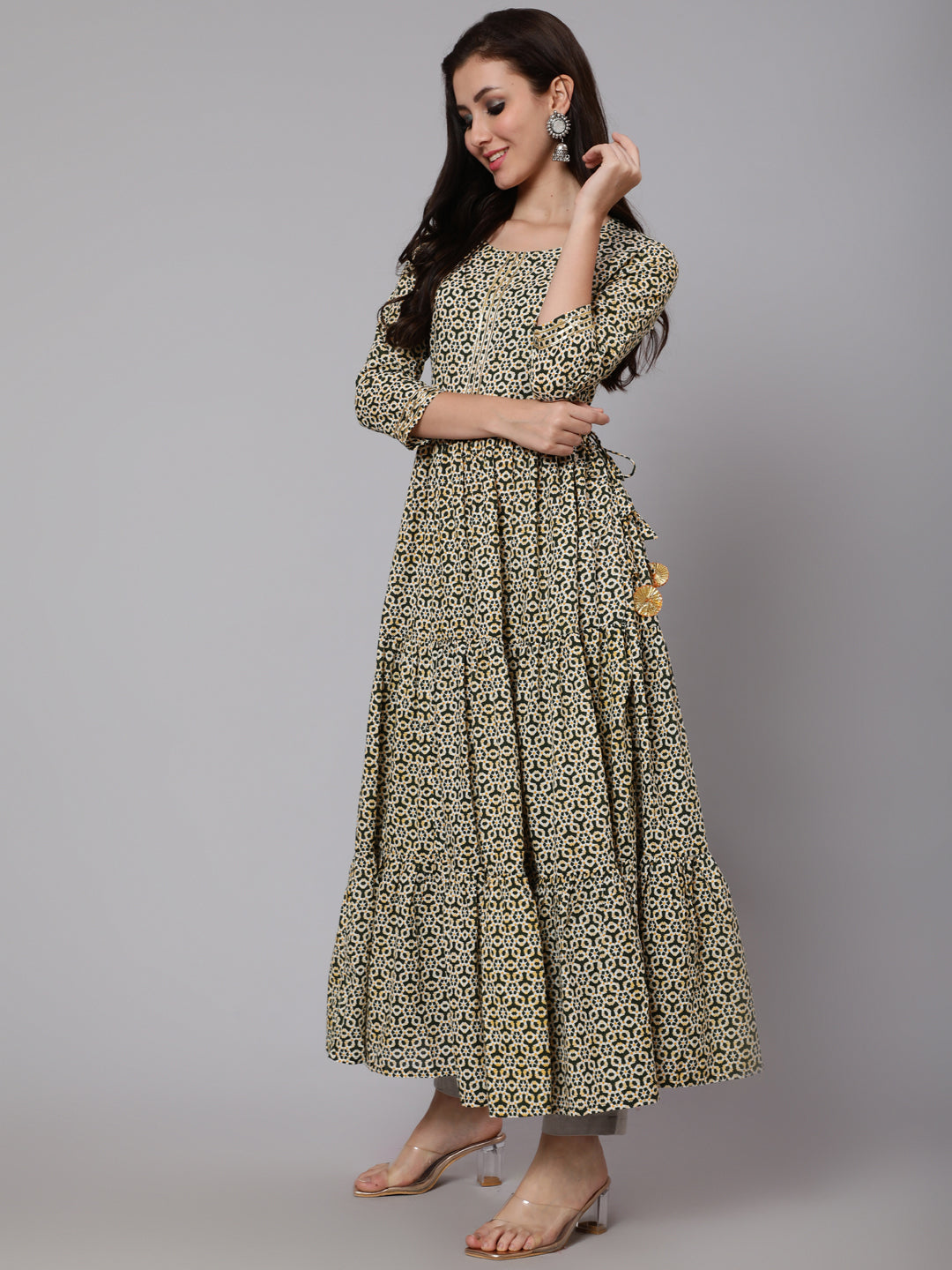 Cotton Calf Length Flared 3/4 Sleeve Round Neck Printed Kurta