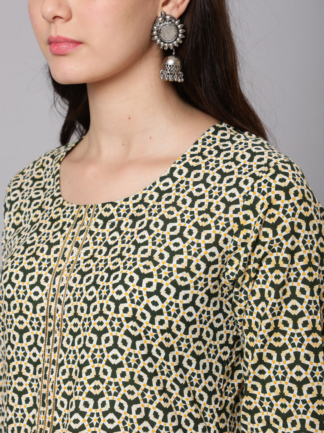 Cotton Calf Length Flared 3/4 Sleeve Round Neck Printed Kurta