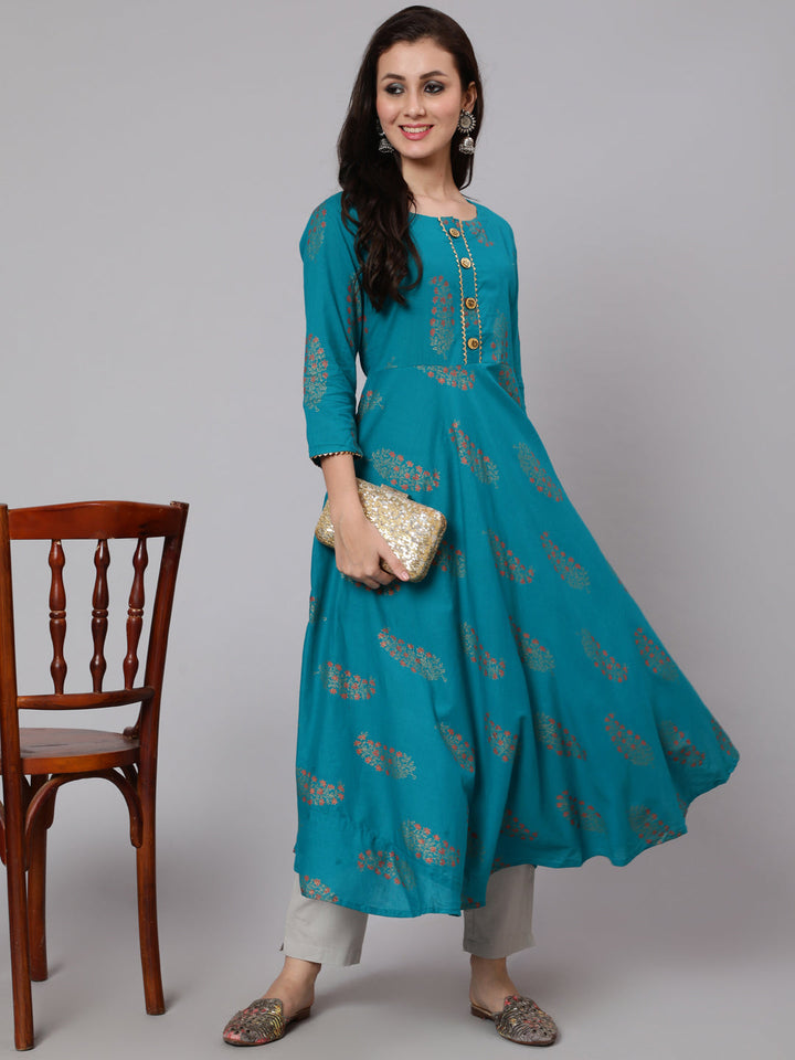 Cotton Calf Length Flared 3/4 Sleeve Round Neck Printed Kurta