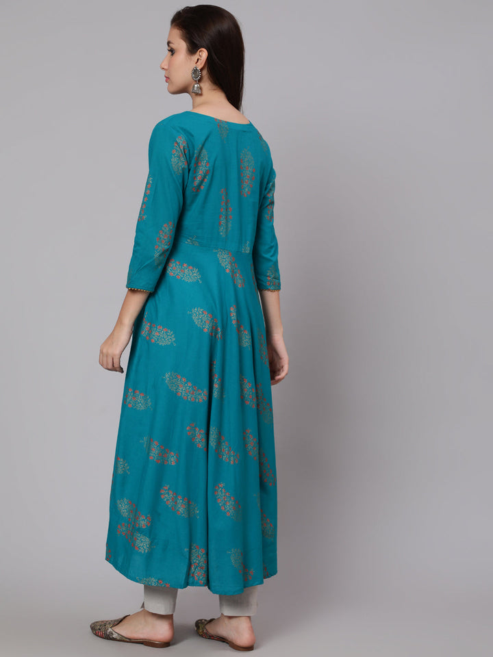 Cotton Calf Length Flared 3/4 Sleeve Round Neck Printed Kurta