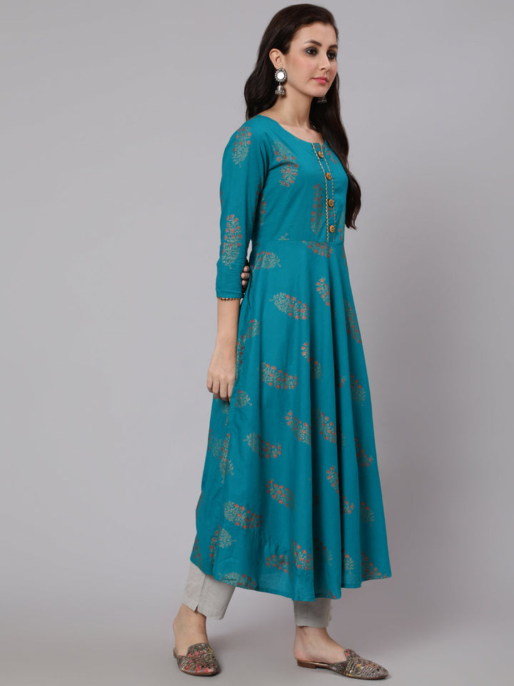 Cotton Calf Length Flared 3/4 Sleeve Round Neck Printed Kurta