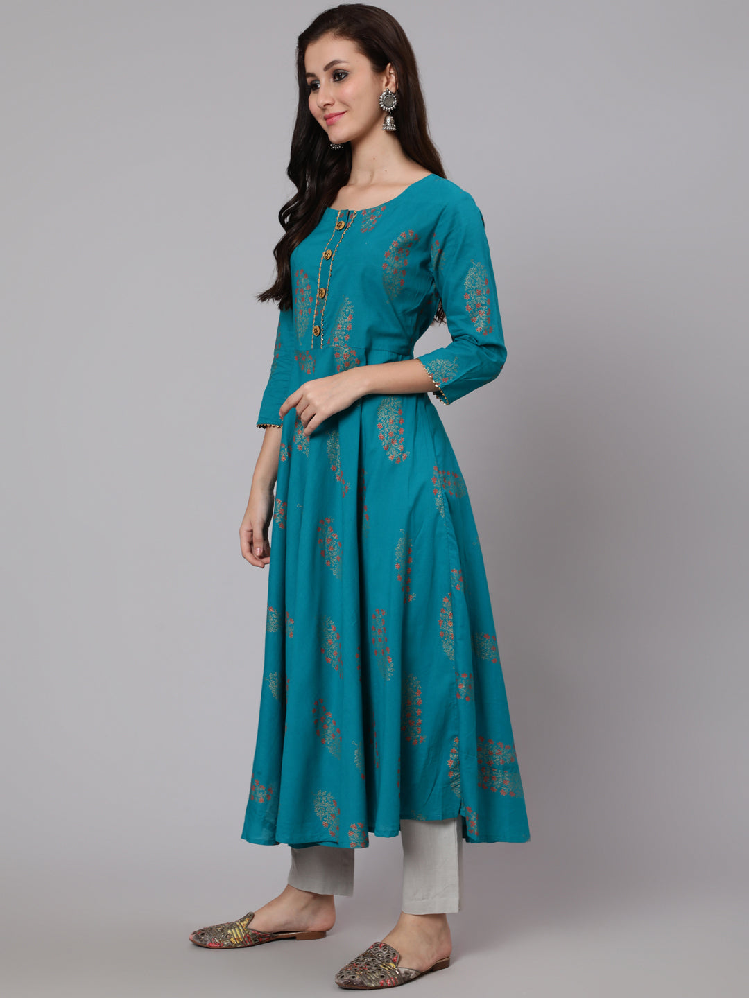 Cotton Calf Length Flared 3/4 Sleeve Round Neck Printed Kurta