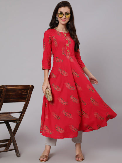 Cotton Calf Length Flared 3/4 Sleeve Round Neck Printed Kurta