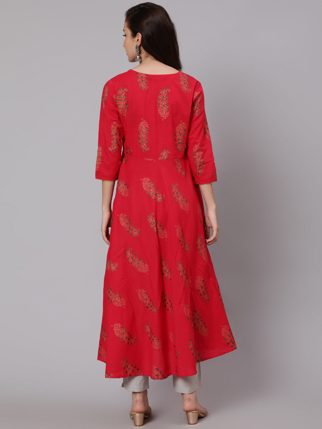 Cotton Calf Length Flared 3/4 Sleeve Round Neck Printed Kurta