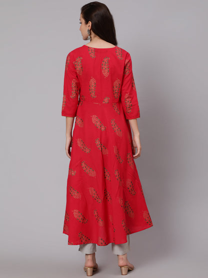 Cotton Calf Length Flared 3/4 Sleeve Round Neck Printed Kurta