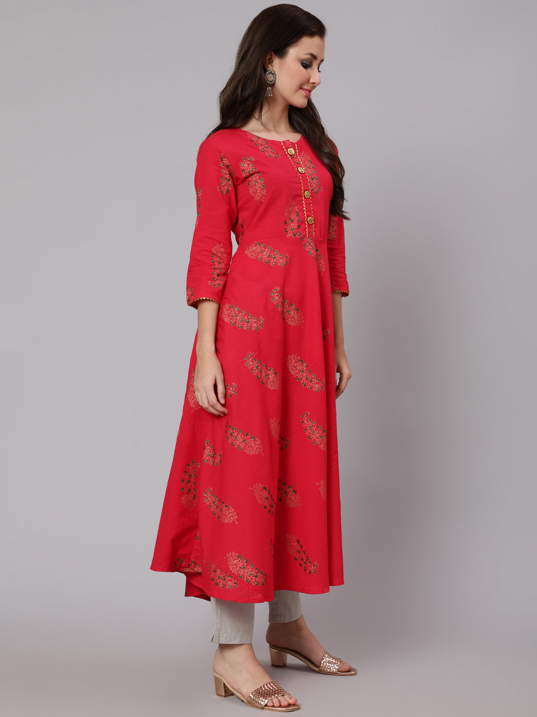 Cotton Calf Length Flared 3/4 Sleeve Round Neck Printed Kurta