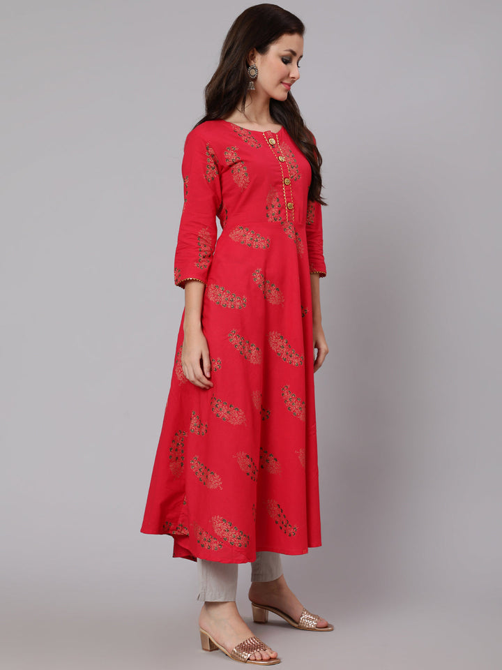 Cotton Calf Length Flared 3/4 Sleeve Round Neck Printed Kurta