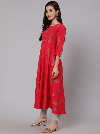 Cotton Calf Length Flared 3/4 Sleeve Round Neck Printed Kurta