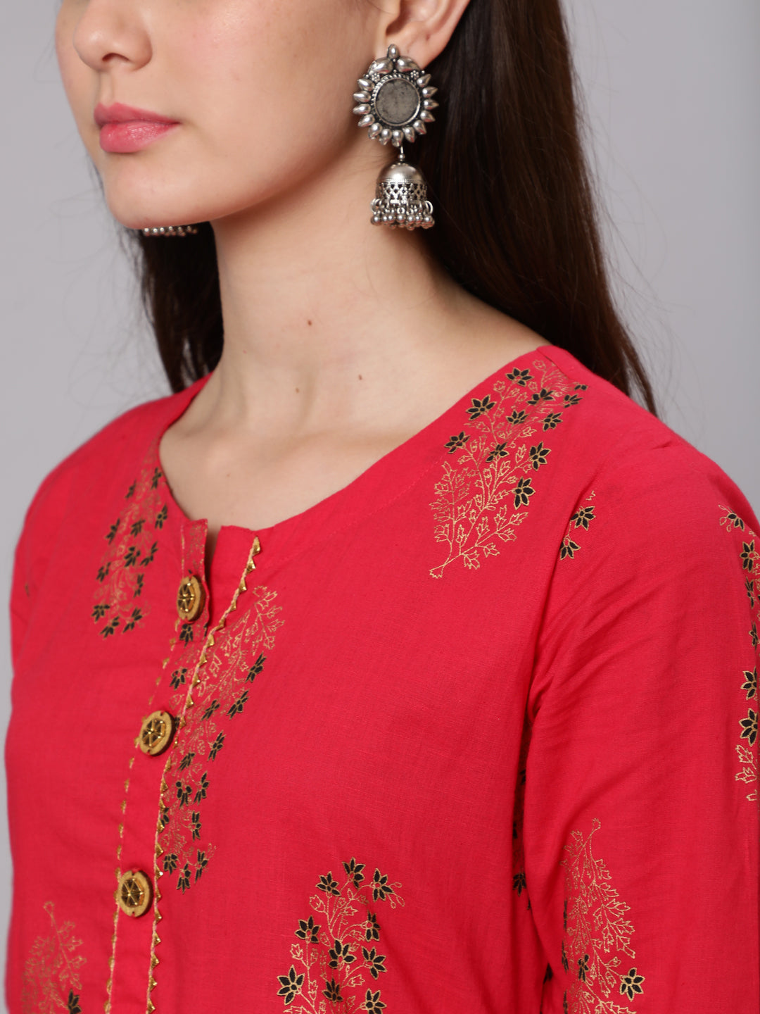 Cotton Calf Length Flared 3/4 Sleeve Round Neck Printed Kurta