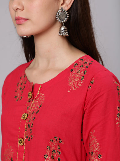 Cotton Calf Length Flared 3/4 Sleeve Round Neck Printed Kurta