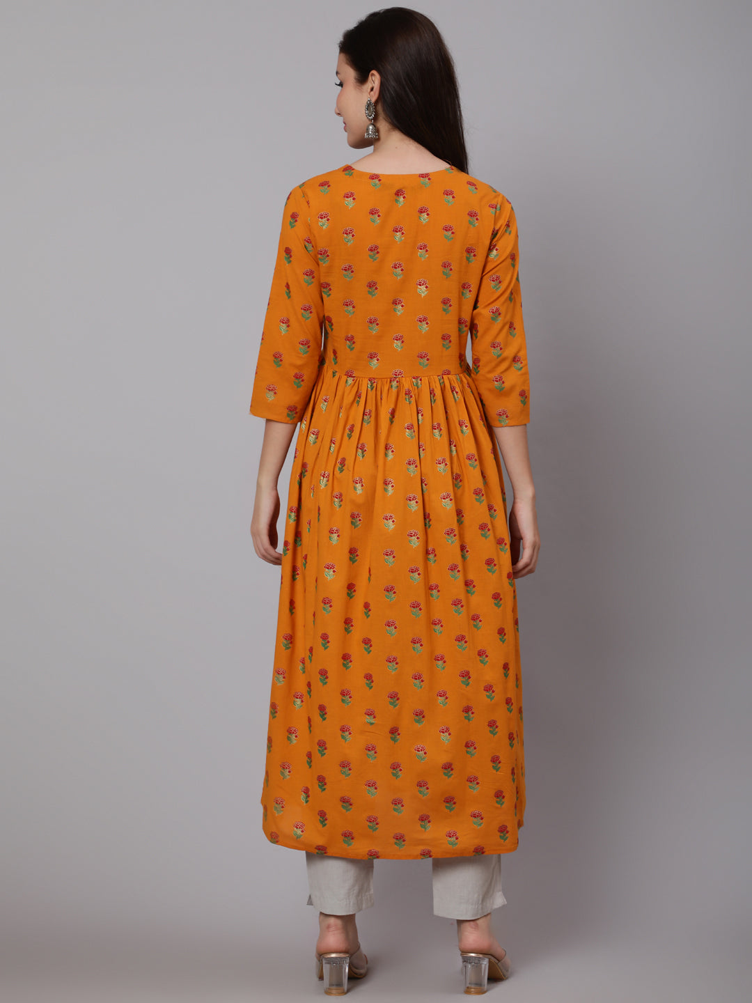 Cotton Calf Length Flared 3/4 Sleeve Round Neck Printed Kurta