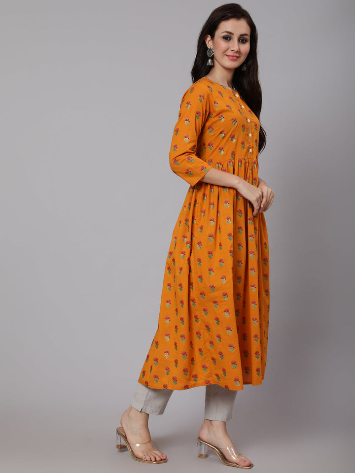 Cotton Calf Length Flared 3/4 Sleeve Round Neck Printed Kurta