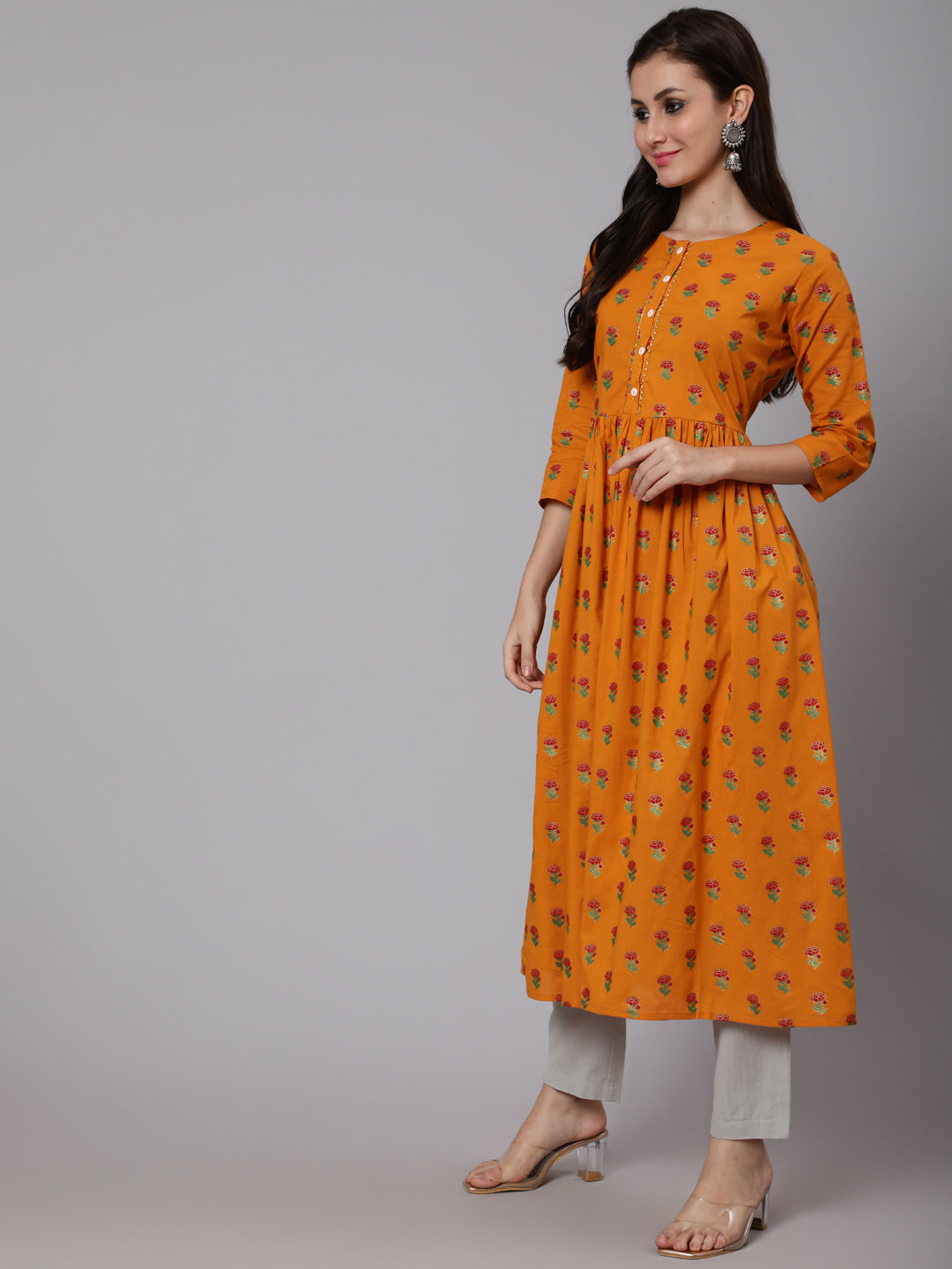 Cotton Calf Length Flared 3/4 Sleeve Round Neck Printed Kurta