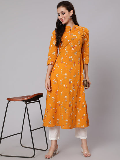 Cotton Calf Length Flared 3/4 Sleeve Round Neck Printed Kurta