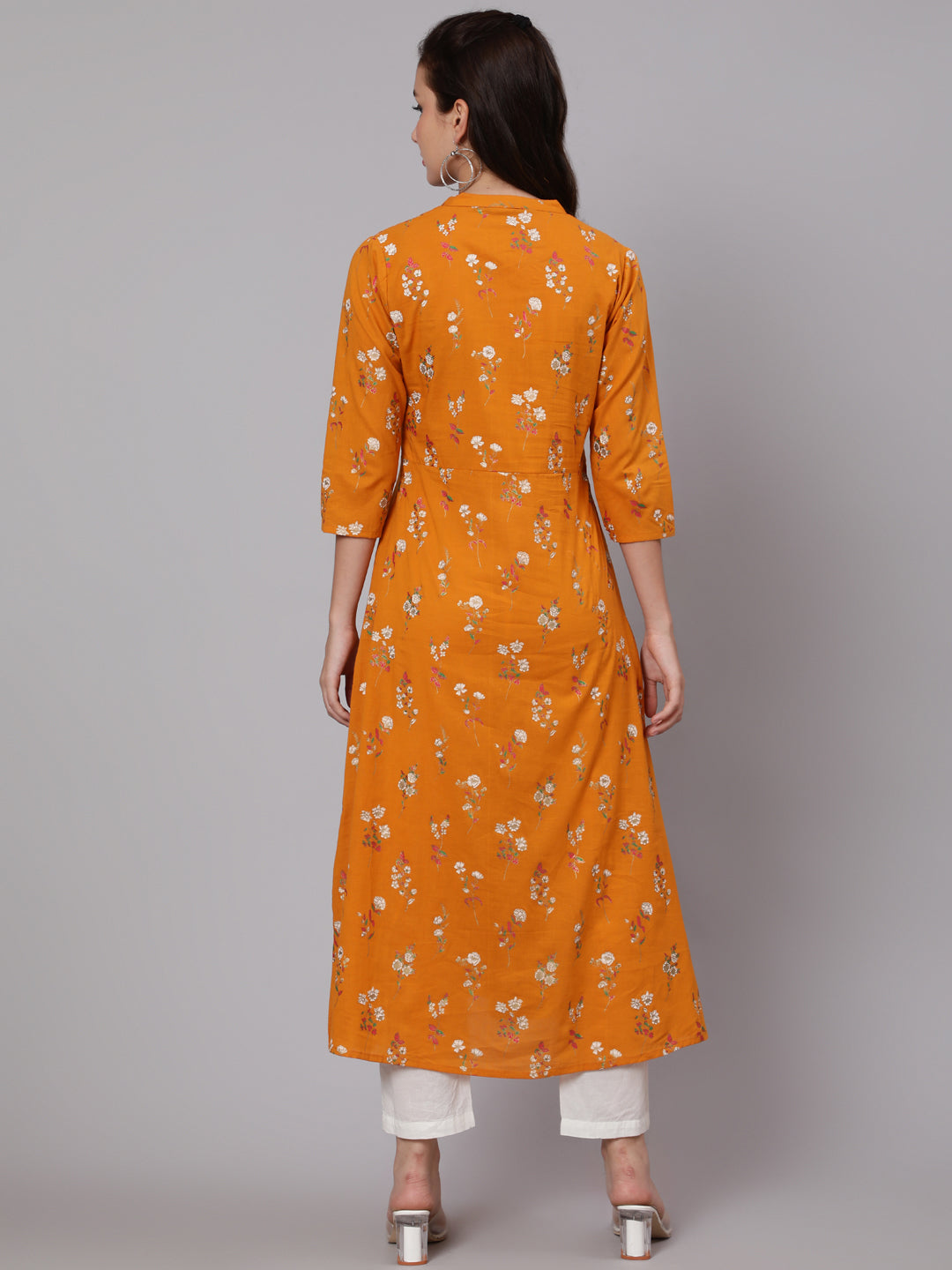 Cotton Calf Length Flared 3/4 Sleeve Round Neck Printed Kurta