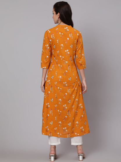 Cotton Calf Length Flared 3/4 Sleeve Round Neck Printed Kurta