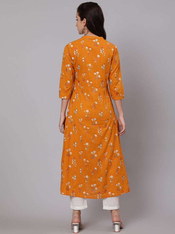 Cotton Calf Length Flared 3/4 Sleeve Round Neck Printed Kurta