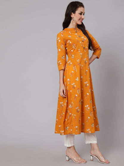 Cotton Calf Length Flared 3/4 Sleeve Round Neck Printed Kurta