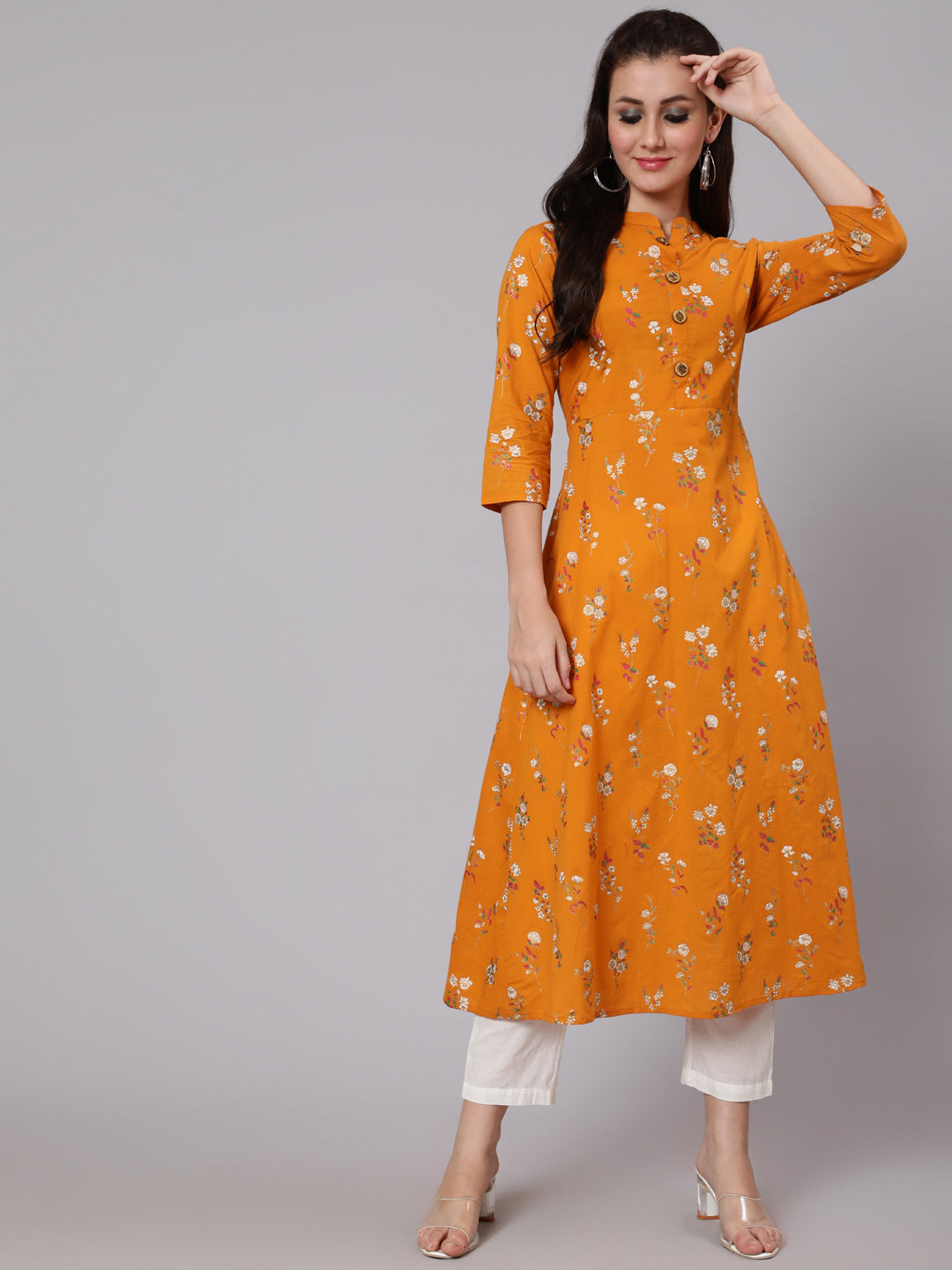 Cotton Calf Length Flared 3/4 Sleeve Round Neck Printed Kurta