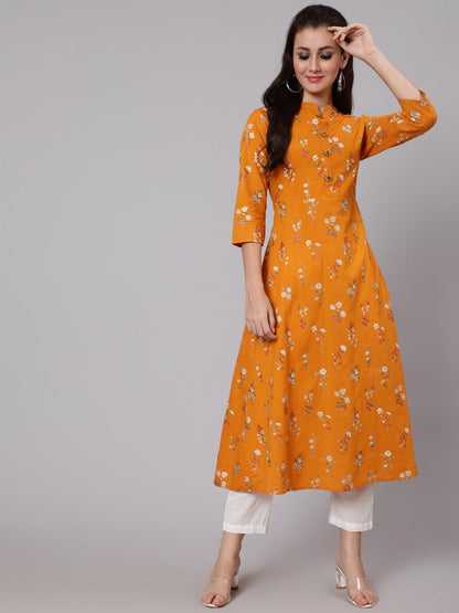 Cotton Calf Length Flared 3/4 Sleeve Round Neck Printed Kurta