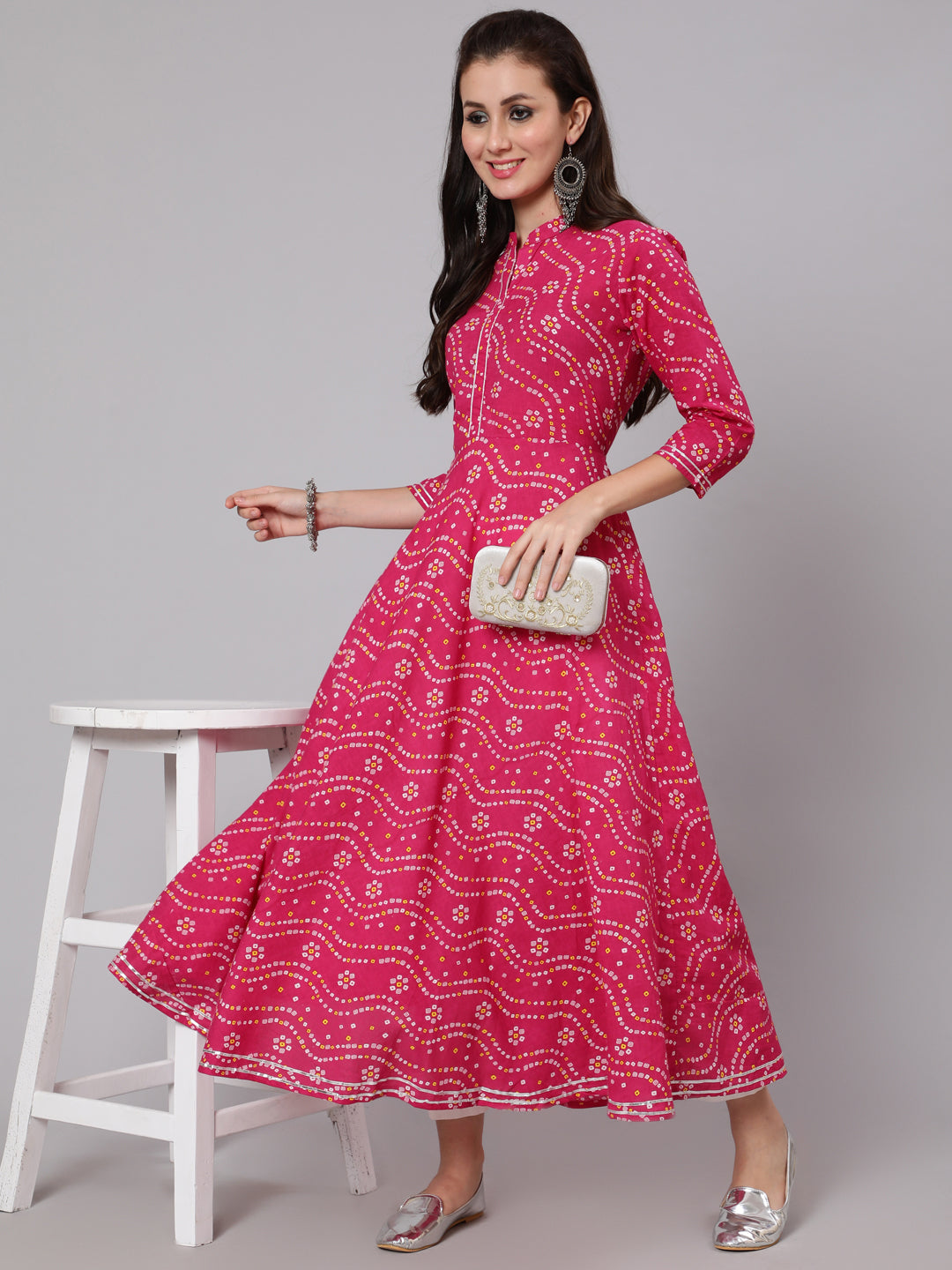 Cotton Calf Length Flared 3/4 Sleeve Mandarin Neck Printed Kurta