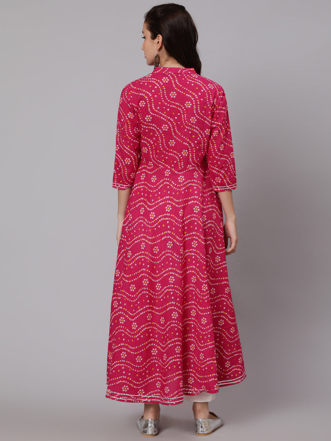 Cotton Calf Length Flared 3/4 Sleeve Mandarin Neck Printed Kurta