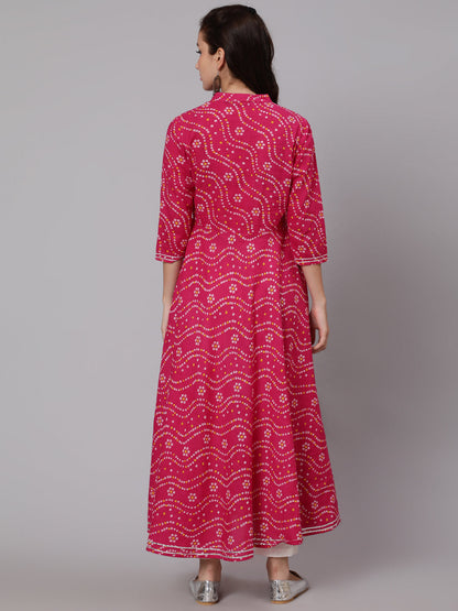 Cotton Calf Length Flared 3/4 Sleeve Mandarin Neck Printed Kurta