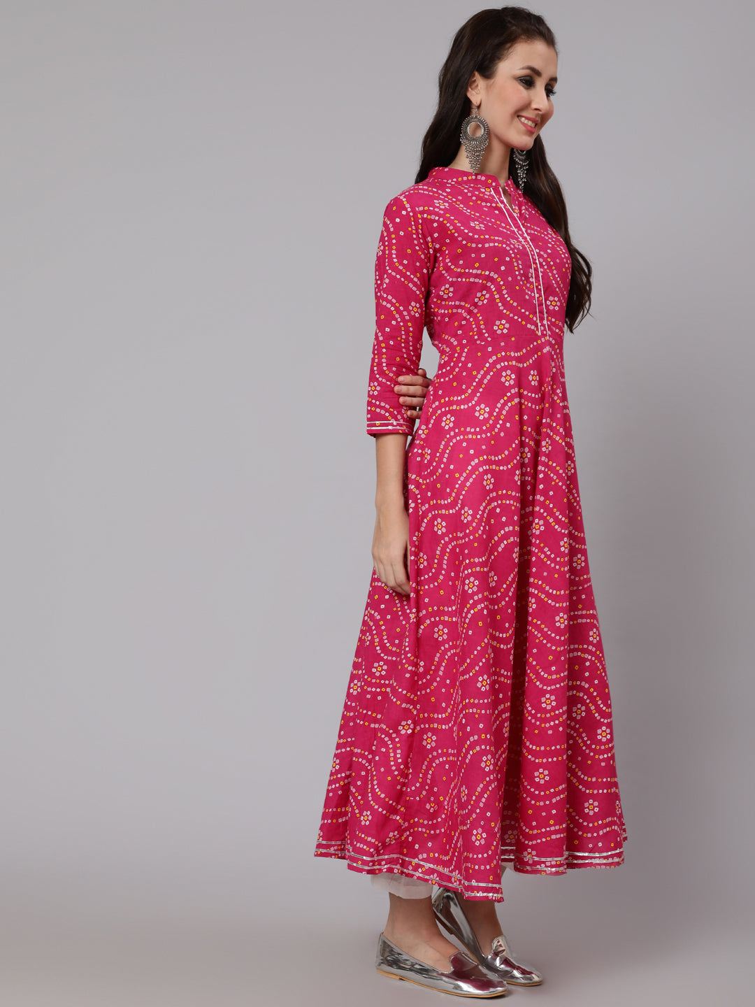 Cotton Calf Length Flared 3/4 Sleeve Mandarin Neck Printed Kurta