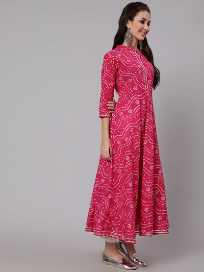 Cotton Calf Length Flared 3/4 Sleeve Mandarin Neck Printed Kurta