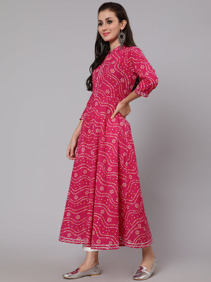 Cotton Calf Length Flared 3/4 Sleeve Mandarin Neck Printed Kurta