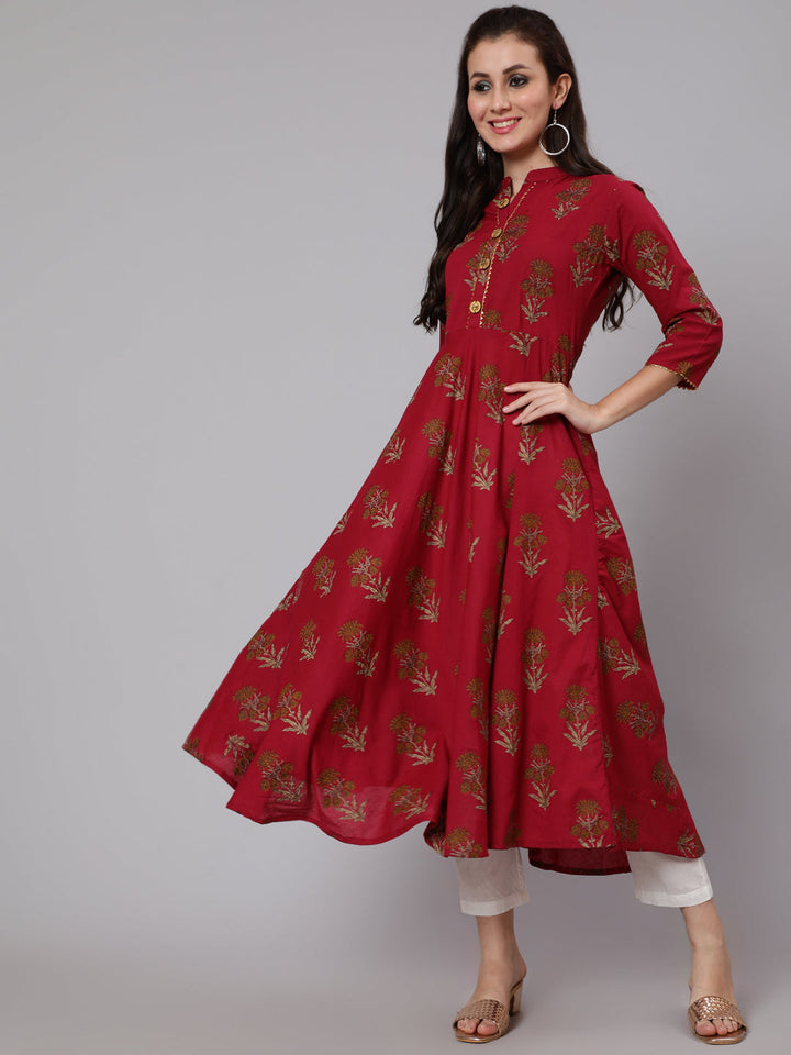 Cotton Calf Length Flared 3/4 Sleeve Mandarin Neck Printed Kurta