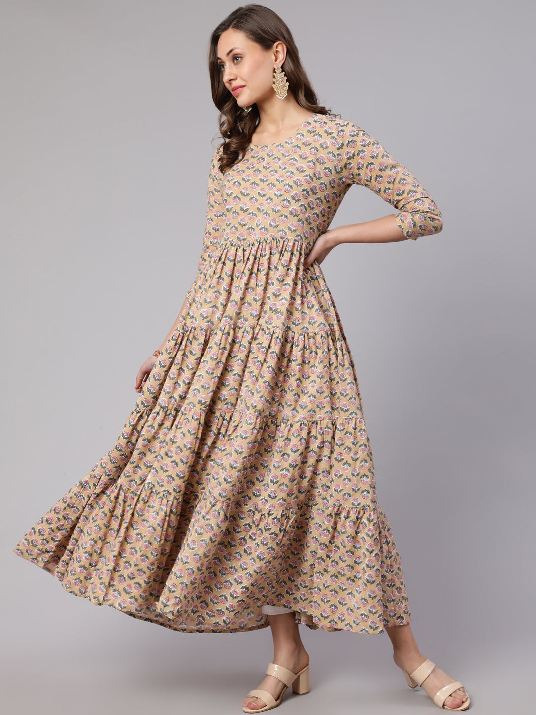 Cotton Printed Round Neck 3/4 Sleeve Flared  Kurta